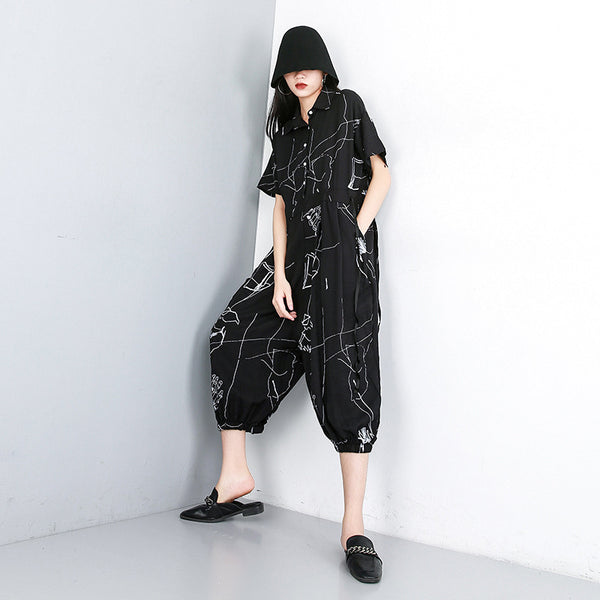 Stitch Pattern Printed Loose Wide Leg Jumpsuit