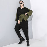 Green Contrast Color Big Size Asymmetrical T-shirt