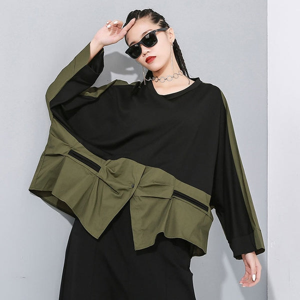 Green Contrast Color Big Size Asymmetrical T-shirt